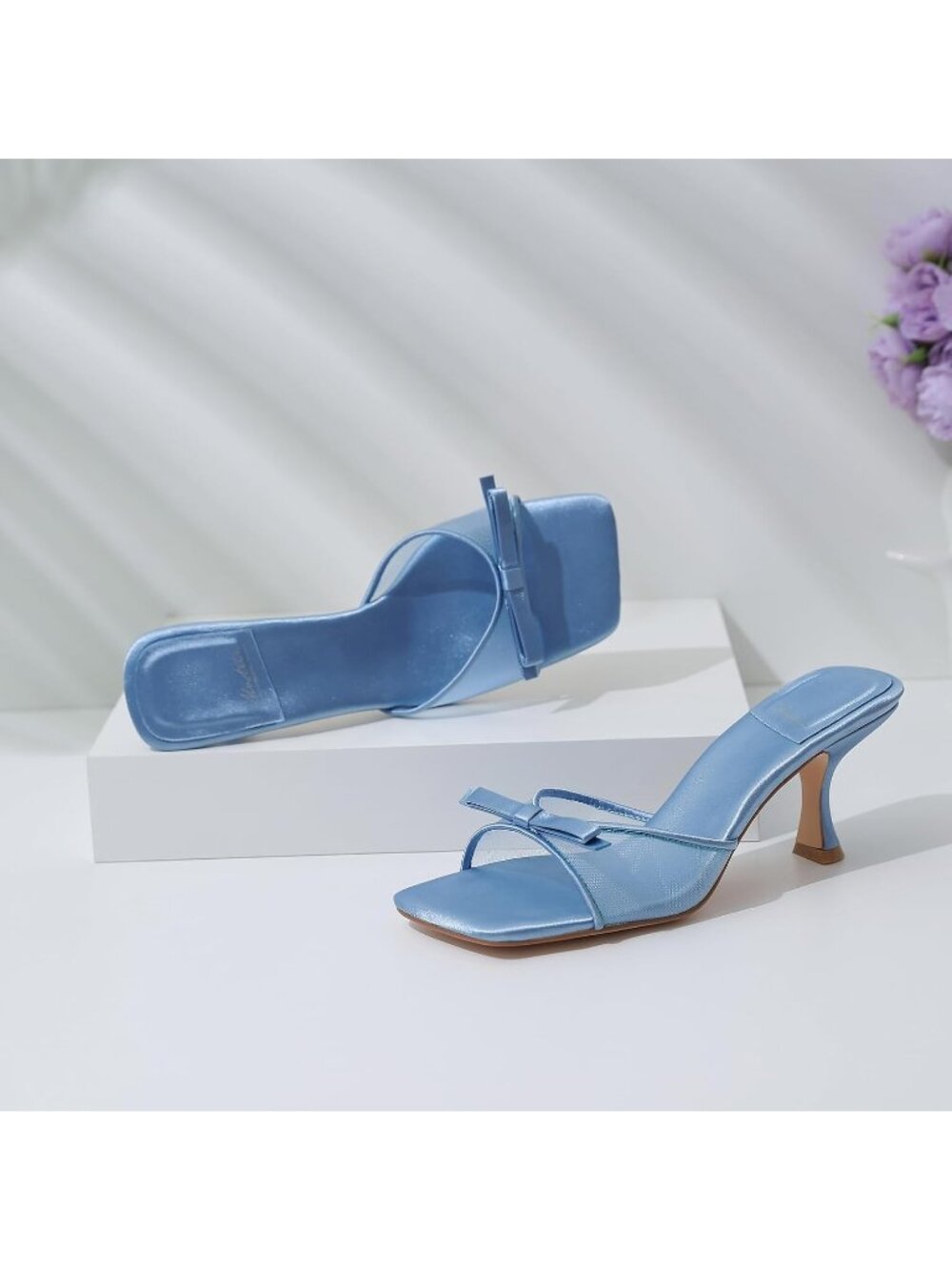 Women's Blue Round Toe Kitten Heels Stiletto Strapless Backless Party Sandals - Picture 6 of 6